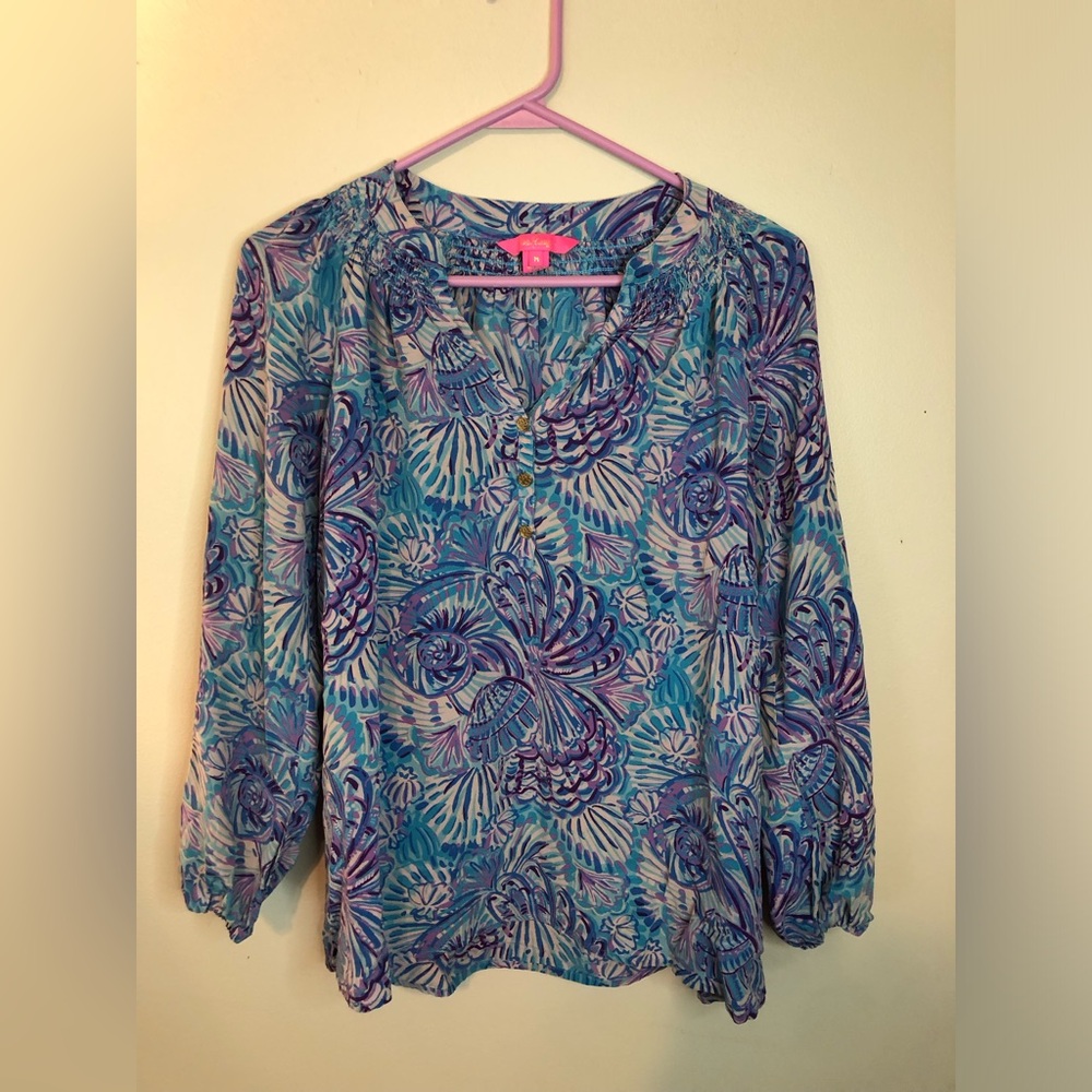 Lilly Pulitzer Elsa Silk Top Blue & Purple Floral Tunic Top size medium